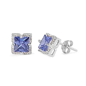 Halo Stud Earrings Princess Cut Simulated Tanzanite CZ 925 Sterling Silver